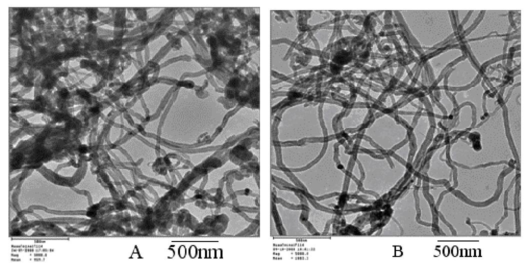 碳纳米管 TEM 图像（ A ）原始 MWCNT ；（ B ）等离子体处理 MWCNTs